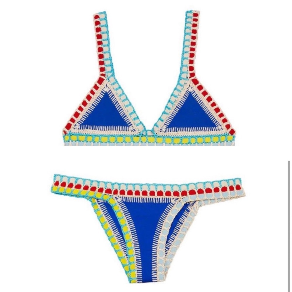 Like New Kiini Tuesday royal blue handmade crochet bikini top and bottom set